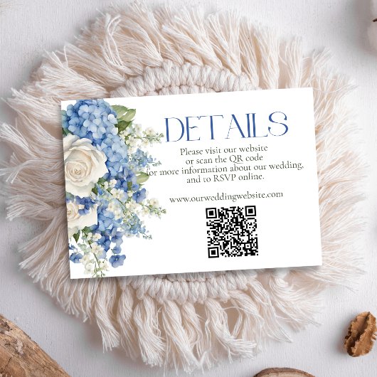 Blue Hydrangea White Floral Wedding QR Code Site Begleitkarte
