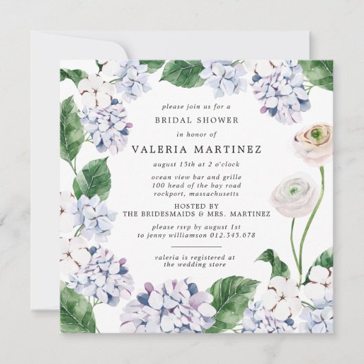 Blue Hydrangea White Rose Brautparty Square Einladung (Vorderseite)