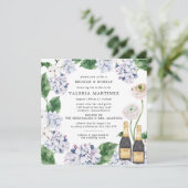 Blue Hydrangea White Rose Bridal Brunch Bubbly Einladung (Stehend Vorderseite)