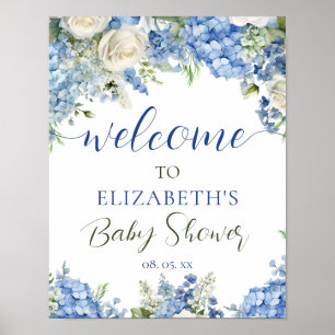 Blue Hydrangea White Roses Blumenschrift Willkomme Poster