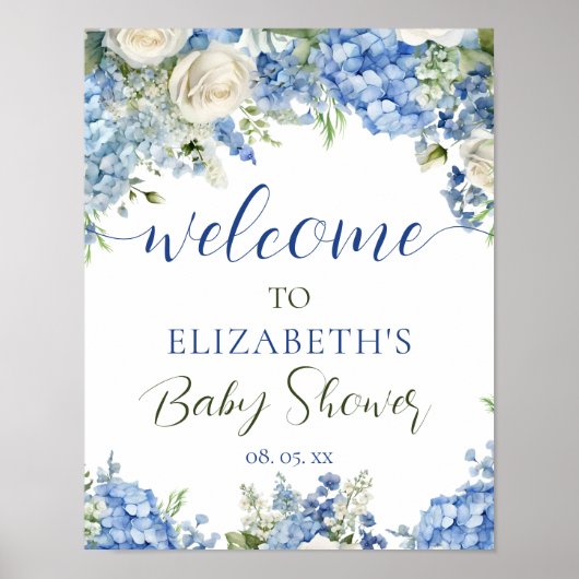 Blue Hydrangea White Roses Blumenschrift Willkomme Poster (Vorne)