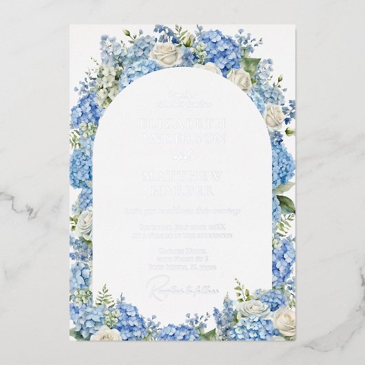 Blue Hydrangea White Roses Floral Arch Wedding Folieneinladung (Vorderseite)