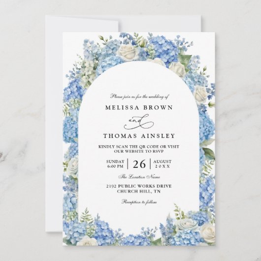 Blue Hydrangea White Roses Floral QR Code Wedding Einladung (Vorderseite)