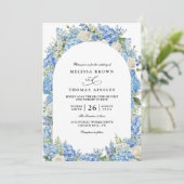 Blue Hydrangea White Roses Floral QR Code Wedding Einladung (Stehend Vorderseite)