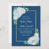 Blue Hydrangea White Roses Gold Wedding Einladung (Vorderseite)