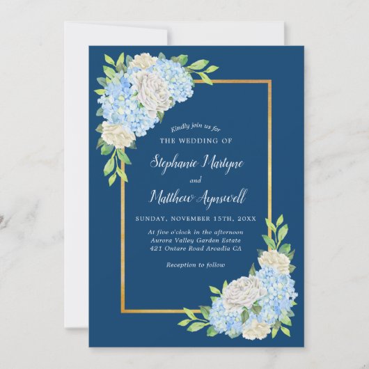 Blue Hydrangea White Roses Gold Wedding Einladung (Vorderseite)