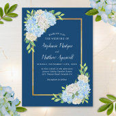 Blue Hydrangea White Roses Gold Wedding Einladung