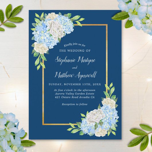 Blue Hydrangea White Roses Gold Wedding Einladung
