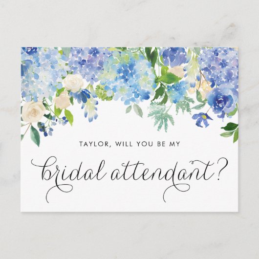 Blue Hydrangea wird meine Bridal-Begleitung sein Einladungspostkarte (Vorderseite)