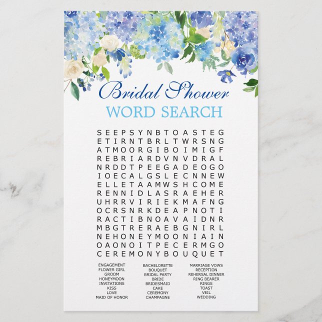 Blue Hydrangea Word Search Brautparty Game (Vorderseite)