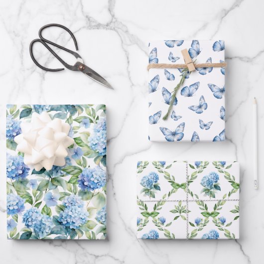 Blue Hydrangea Wrapping Paper Geschenkpapier Set (Vorderseite)