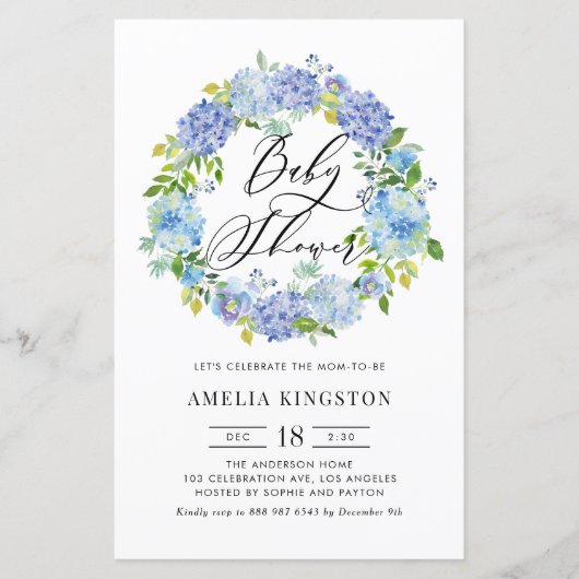 Blue Hydrangea Wreath Baby Dusche Einladung (Vorderseite)