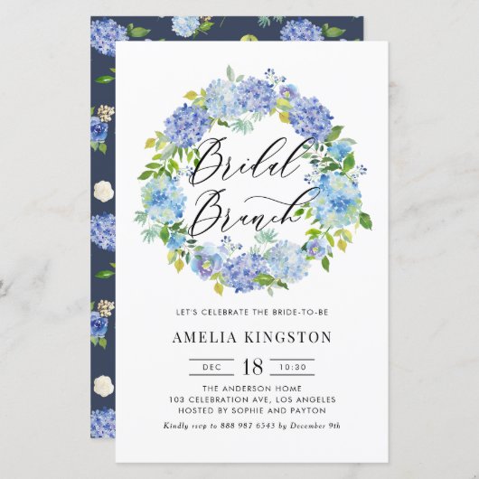 Blue Hydrangea Wreath Bridal Brunch Einladung (Vorne/Hinten)