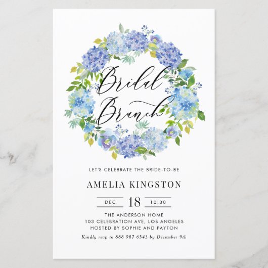 Blue Hydrangea Wreath Bridal Brunch Einladung (Vorderseite)