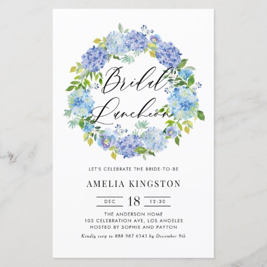 Blue Hydrangea Wreath Bridal Luncheon Einladung (Vorderseite)