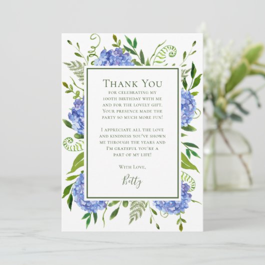 Blue Hydrangeas 100th Birthday  Dankeskarte (Stehend Vorderseite)