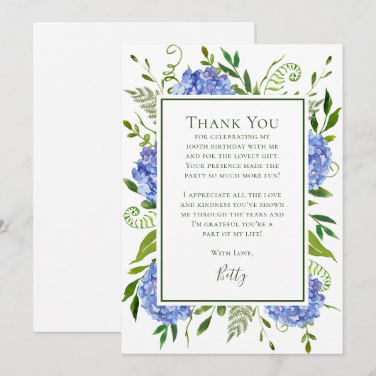 Blue Hydrangeas 100th Birthday  Dankeskarte (Vorne/Hinten)