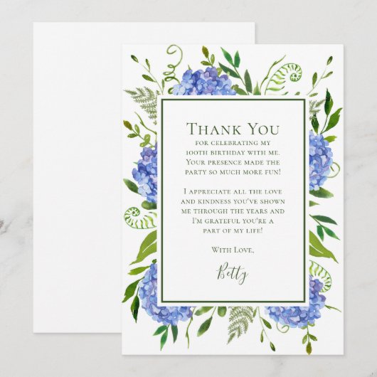 Blue Hydrangeas 100th Birthday  Dankeskarte (Vorne/Hinten)