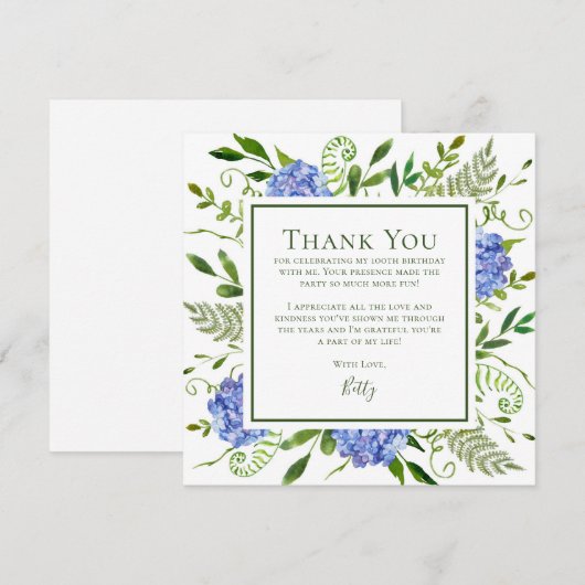 Blue Hydrangeas 100th Birthday  Dankeskarte (Vorne/Hinten)