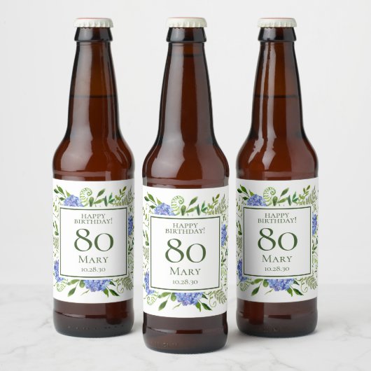Blue Hydrangeas 80. Geburtstag Bierflaschenetikett (Flaschen)