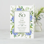 Blue Hydrangeas 80. Geburtstag Einladung (Stehend Vorderseite)