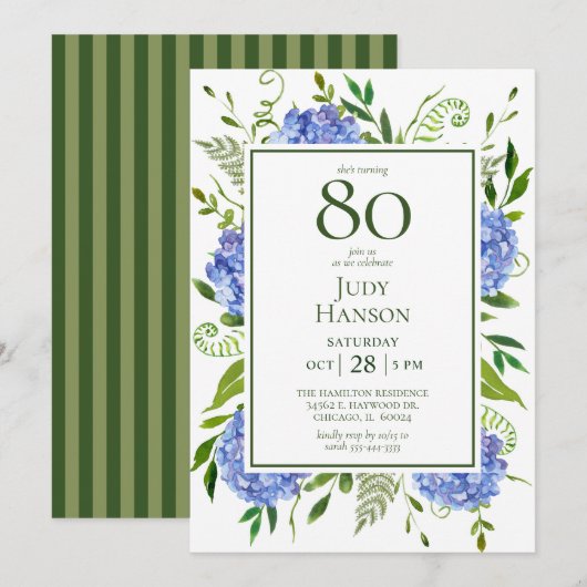 Blue Hydrangeas 80. Geburtstag Einladung (Vorne/Hinten)