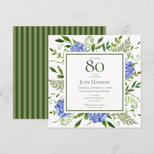 Blue Hydrangeas 80. Geburtstag Einladung (Vorne/Hinten)