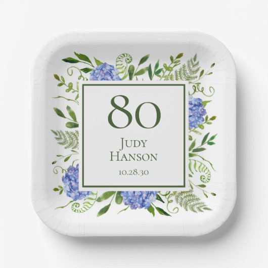 Blue Hydrangeas 80. Geburtstag Pappteller (Vorderseite)