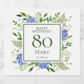 Blue Hydrangeas 80. Geburtstag Schaumweinetikett (Einzelnes Label)