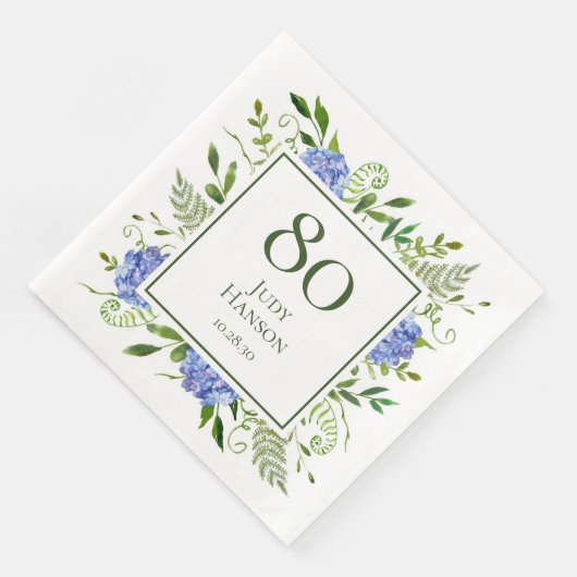 Blue Hydrangeas 80. Geburtstag Serviette (Ecke)