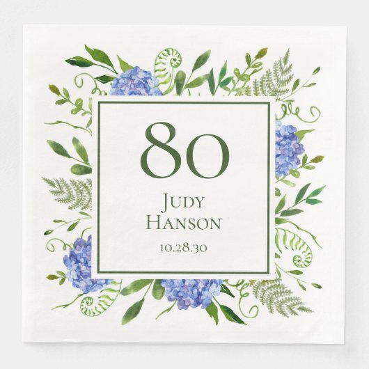 Blue Hydrangeas 80. Geburtstag Serviette (Vorderseite)