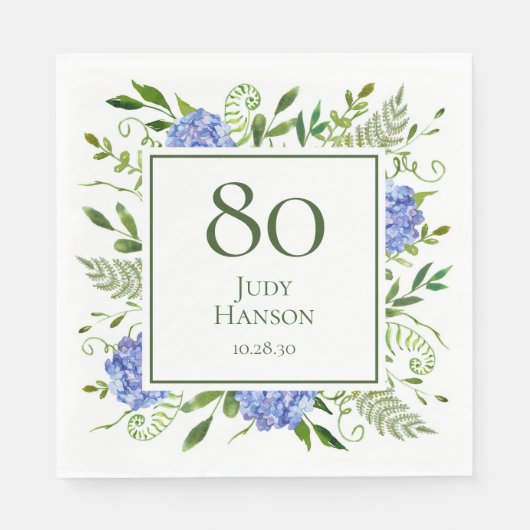 Blue Hydrangeas 80. Geburtstag Serviette (Vorderseite)