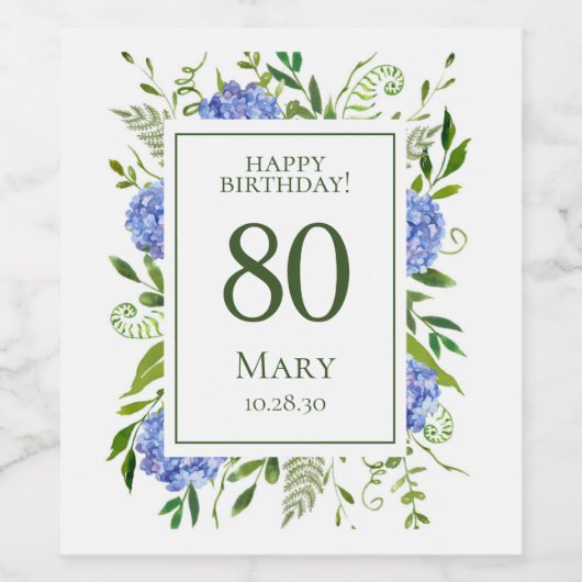Blue Hydrangeas 80. Geburtstag Weinetikett (Einzelnes Label)