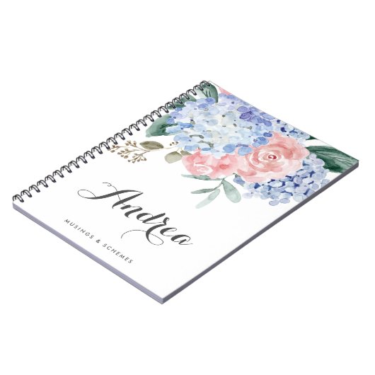 Blue Hydrangeas and Pink Roses Calligraphy Notizblock (Linke Seite)