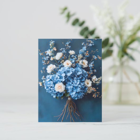Blue Hydrangeas and White Blossoms Postkarte (Stehend Vorderseite)