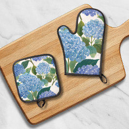 Blue Hydrangeas | Beautiful Floral Bush Ofenhandschuh & Topflappen-Set