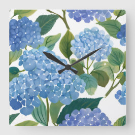 Blue Hydrangeas | Beautiful Floral Bush Quadratische Wanduhr