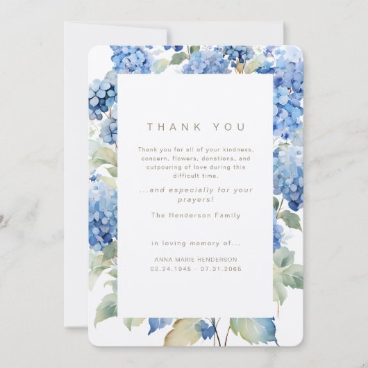 Blue Hydrangeas Bereavement Beerdigung Danke (Vorderseite)
