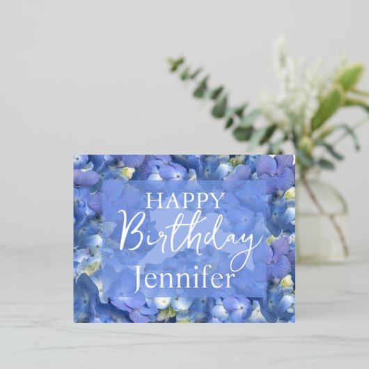 Blue Hydrangeas Blooms Happy Birthday Individuelle Folien Feiertagspostkarte (Stehend vorne)