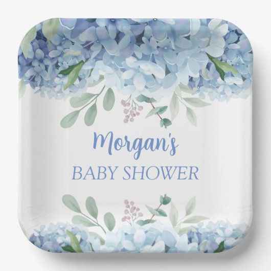 Blue Hydrangeas Boy Floral Baby Dusche Pappteller (Vorderseite)
