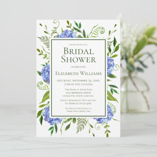 Blue Hydrangeas Brautparty Einladung (Stehend Vorderseite)