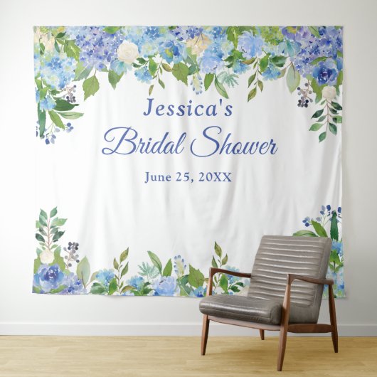Blue Hydrangeas Brautparty Foto Stand Hintergrund Wandteppich (Beispiel (Horizontal))