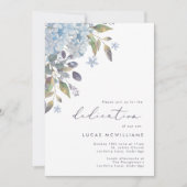 Blue Hydrangeas Calligraphy Baby Dedication Einladung (Vorderseite)