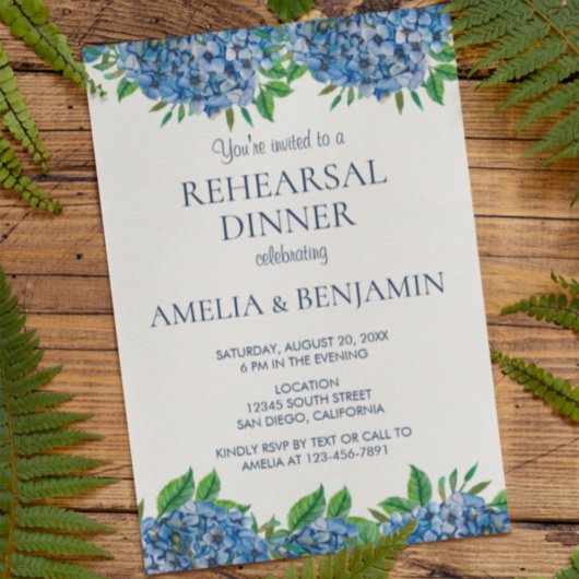 Blue Hydrangeas Elegante Hochzeitsdinner Probe Einladung