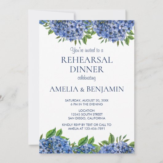 Blue Hydrangeas Elegante Hochzeitsdinner Probe Einladung (Vorderseite)