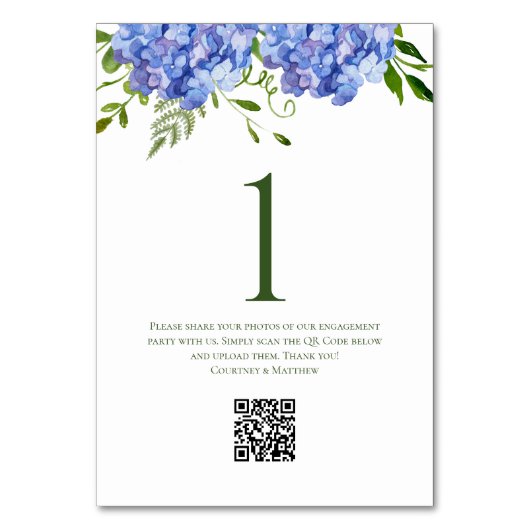 Blue Hydrangeas Engagement Party Tischnummer (Vorderseite)