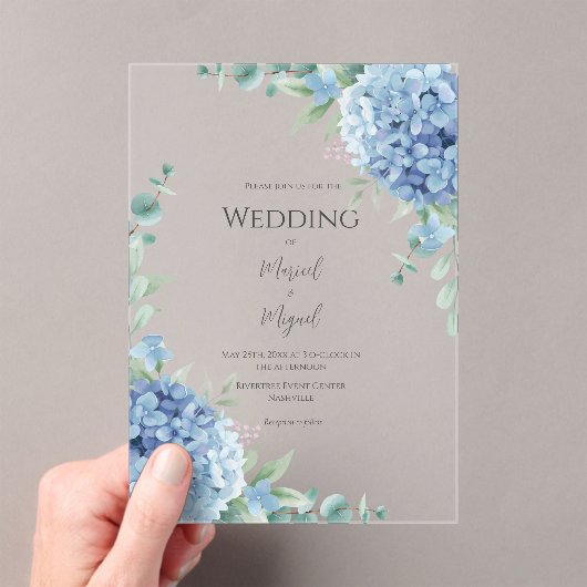 Blue Hydrangeas Floral Elegant Wedding Acryleinladungen (Insitu (Handheld))