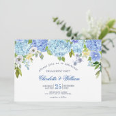 Blue Hydrangeas Floral Green ENGAGEMENT PARTY Einladung (Stehend Vorderseite)