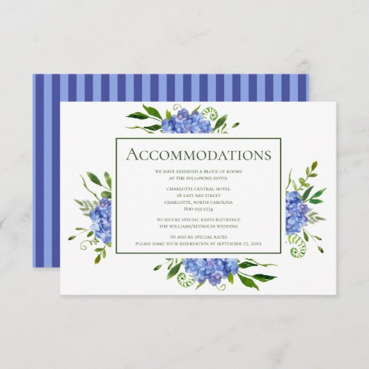 Blue Hydrangeas Floral Hochzeitsunterkünfte Begleitkarte (Vorne/Hinten)