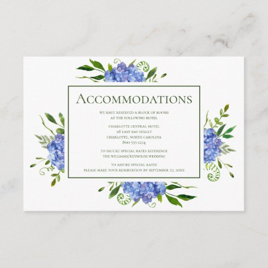Blue Hydrangeas Floral Hochzeitsunterkünfte Begleitkarte (Vorderseite)